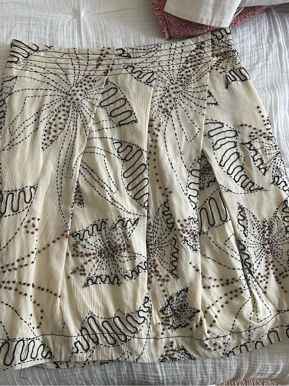 Rene Lezard Cream A-Line Skirt with Black & Brown Floral Motif